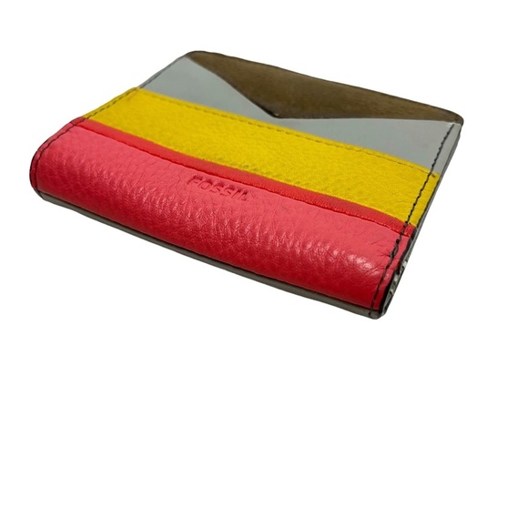 FOSSIL Genuine Leather Gray Pink Yellow Bi-Fold Wallet Coin Purse Cash Holder - Picture 7 of 16